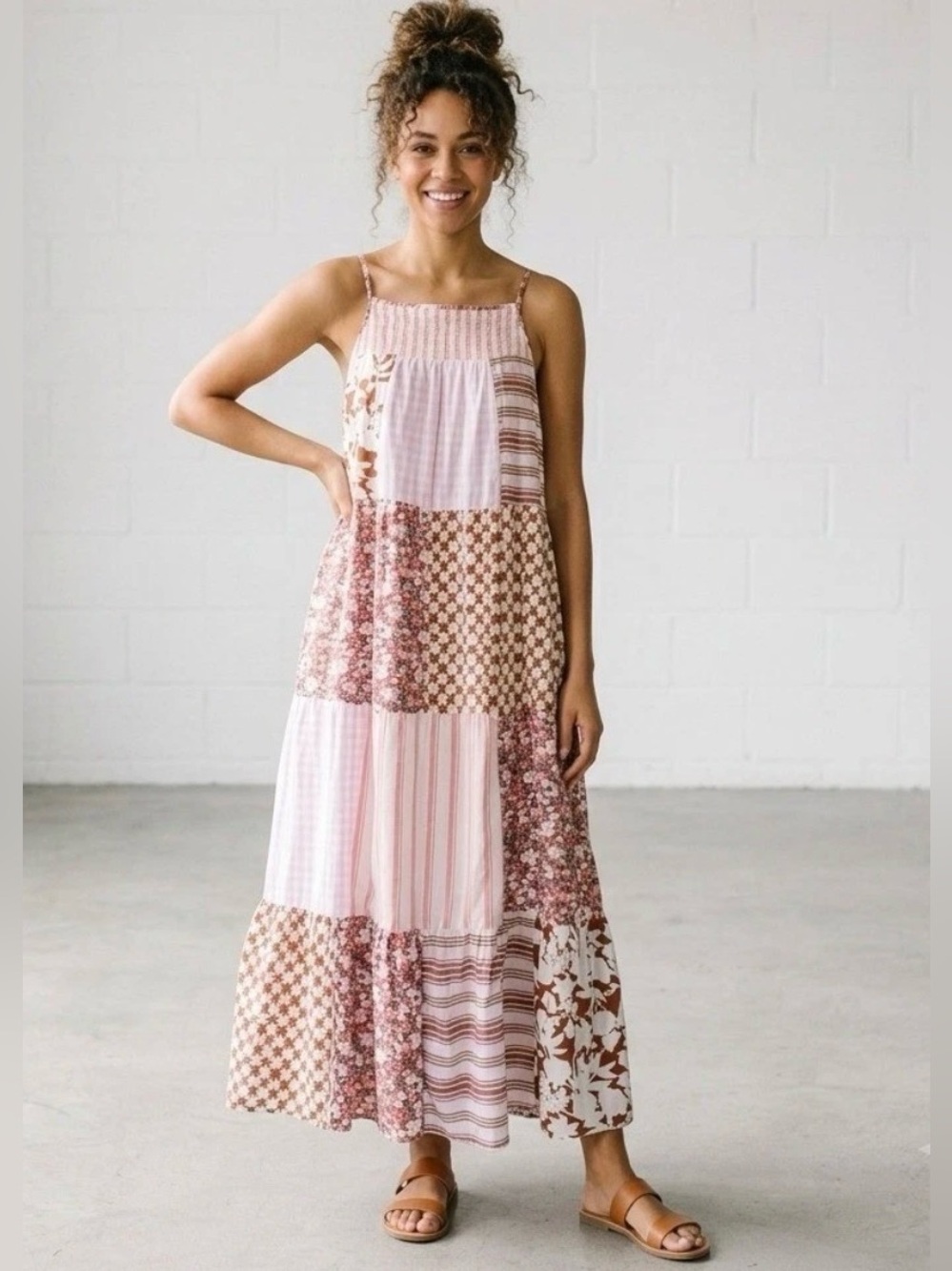 Universal Thread Cotton Patchwork Smocked Tiered Maxi Dress Cottagecore Pink L